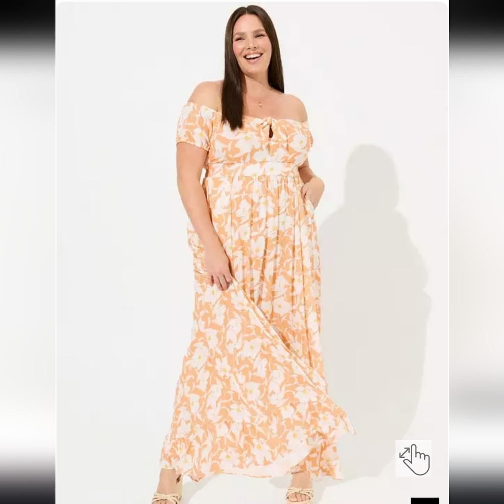 Torrid Off the Shoulder Maxi Dress in Orange and White.
